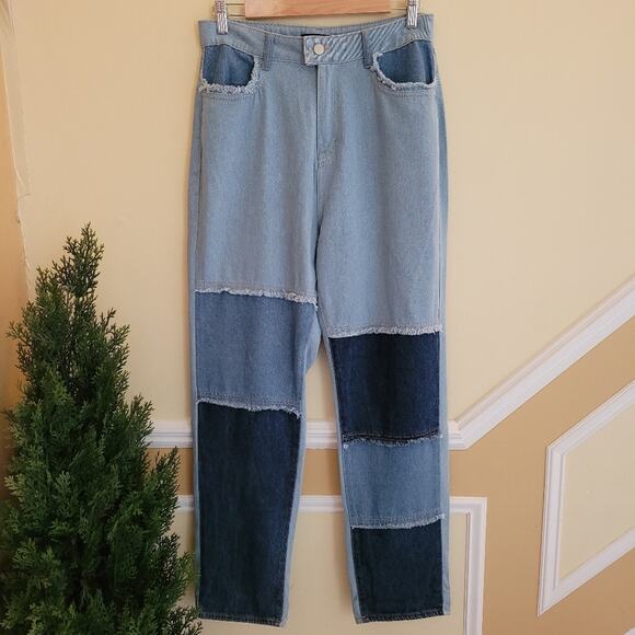NWT Pitaya blue blush Colorblock Patchwork Fray HW Denim Jeans size Medium - Picture 1 of 16